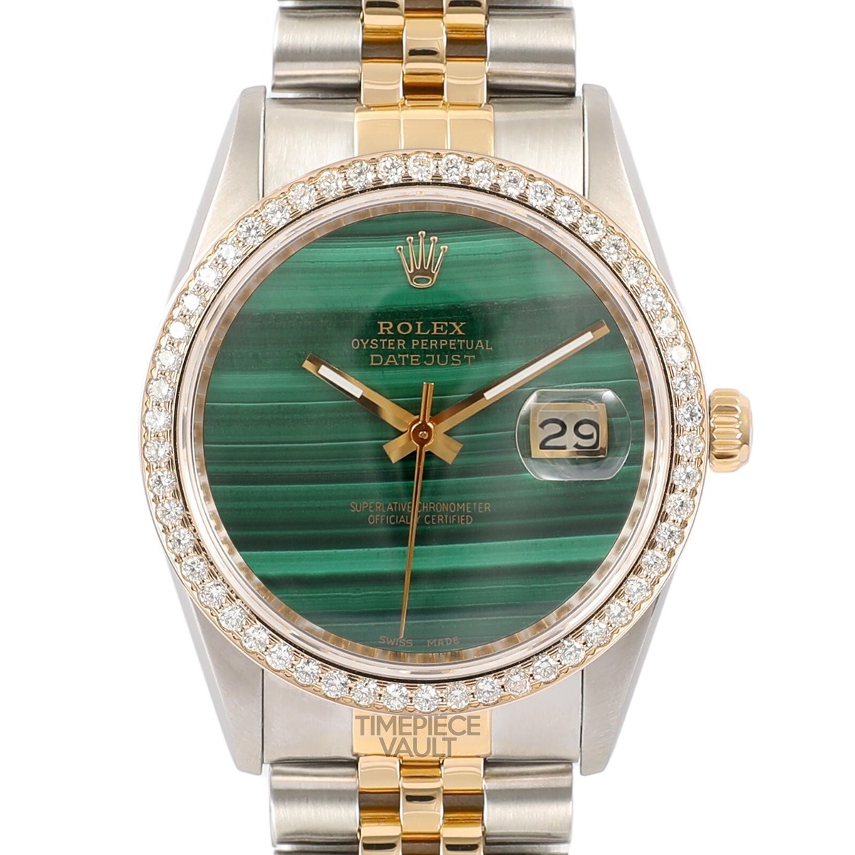 ROLEX DATEJUST 16233 18K GOLD & STEEL 36MM GREEN MALACHITE DIAL