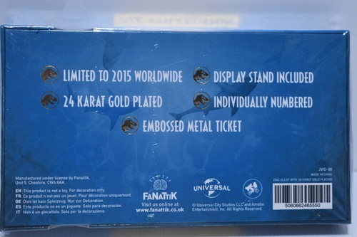 Jurassic Park 24k Gold Plated Jurassic World Mosasaurus Ticket Limited Edition - Picture 2 of 2