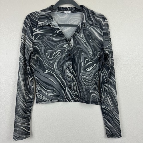 Garage Retro Mesh Cropped Button Down Top Langarm Grau Weiß Swirl Medium