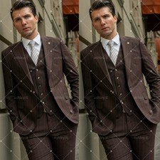 Brown Pinstripe Men's Suit Peak Lapel Wedding Groomsmen Tuxedo Slim Fit 3 Pieces