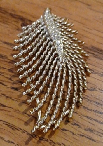 Goldfarbene Blatt Mantel Anstecknadel Brosche Strass Draht Twist 60’er Vintage - Bild 3 von 5