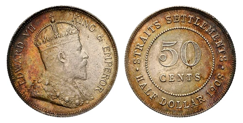 STRAITS SETTLEMENTS. Edward VII. 1908 AR 50 Cents. NGC MS63. Pridmore 34.