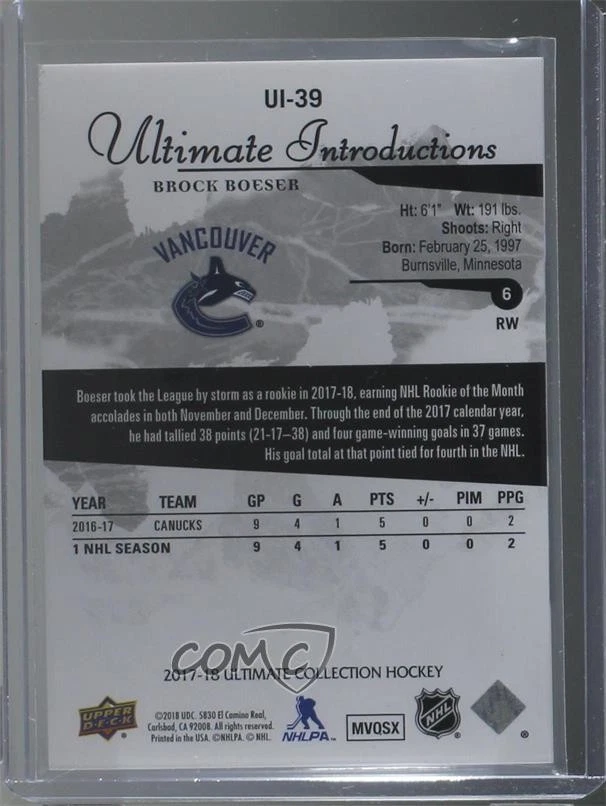 2017-18 Ultimate Collection Introductions Onyx Black /25 Brock Boeser Rookie RC - Image 2 of 2