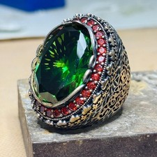 Men Silver Large Green Emerald Stone And Ruby Gemstone Turkish Ring