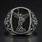 New ListingMen’s 925 Silver St Michael Angel Ring Black Signet Gothic Vintage Gift