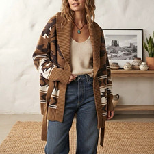 Lucky Brand Southwestern Aztec Cardigan 2X Sweater Brown Boho Belted Western
