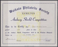 NEW ZEALAND 1968 WPS HAMILTON AMBURY SHIELD CERTIFICATE (ID:099/R66095)