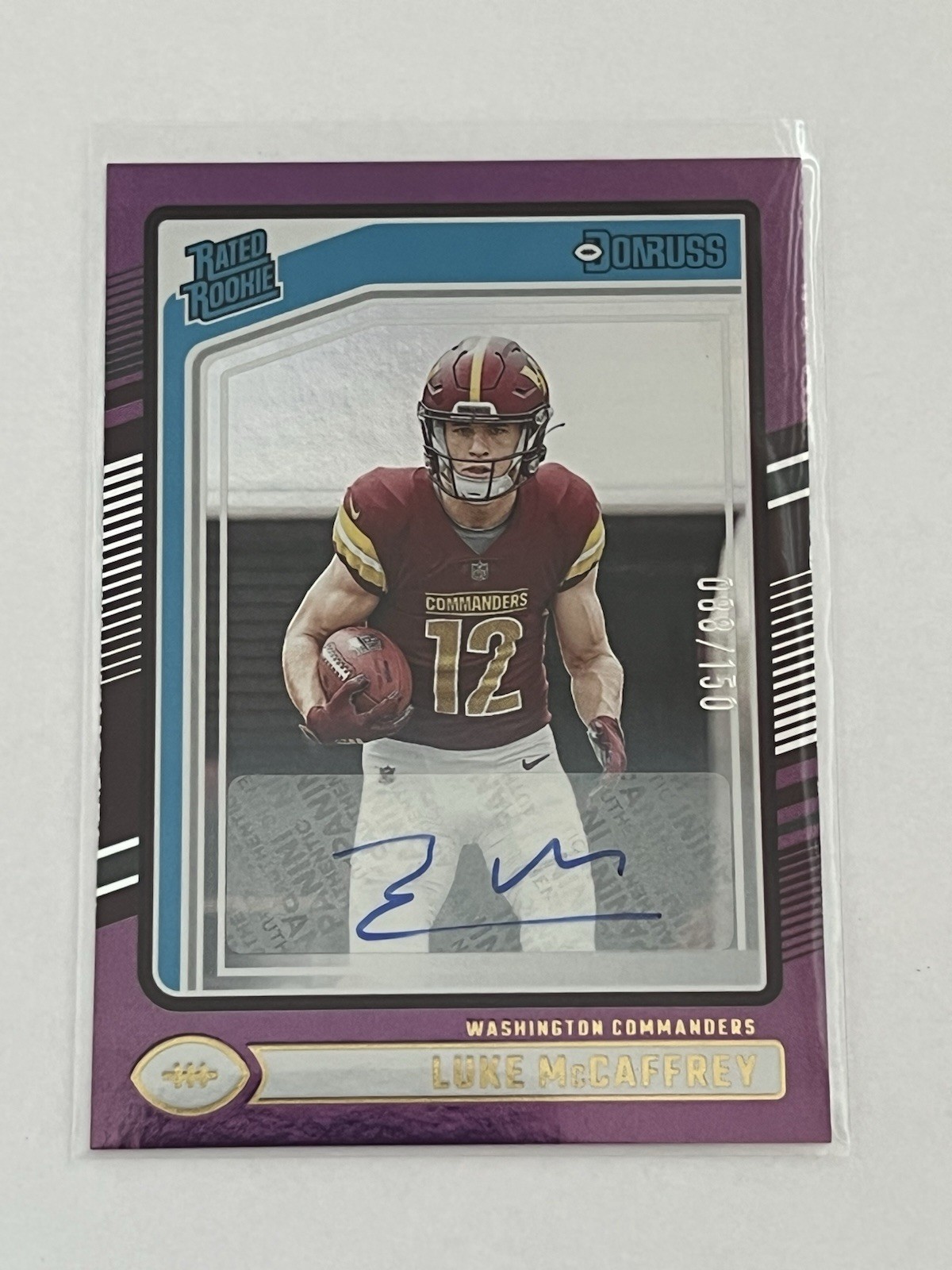 2024 Panini Donruss #302 Luke McCaffrey /150 Rated Rookie Purple Auto Commanders