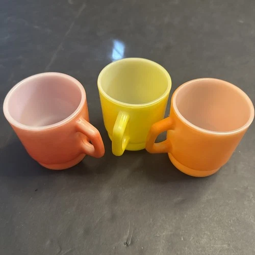 Vintage Anchor Hocking Fire-King Milk Glass Mugs Set of 3 Pastel Colors
