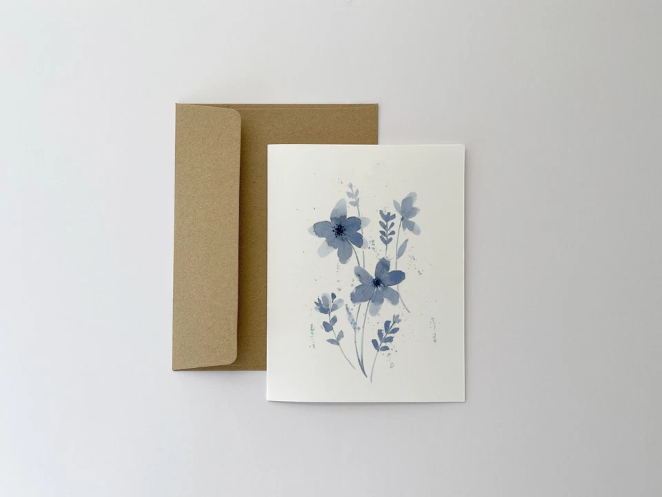 Juego de 6 tarjetas de notas en blanco con sobres, ilustración de acuarela floral azul A2 Foto 4 de 4