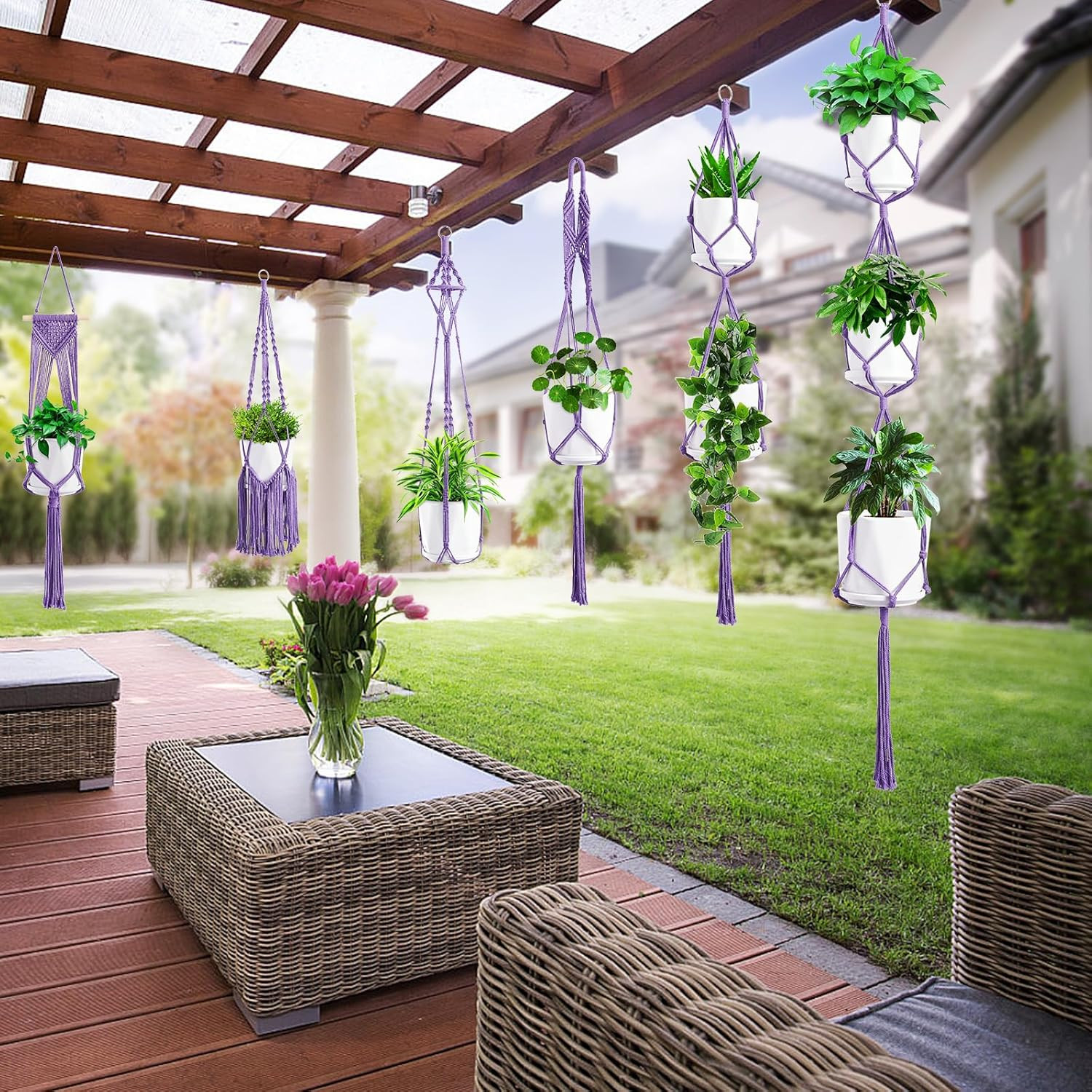 Macrame Plant Hangers, 6Pack Hanging Planters for Indoor Plants W/ 6 Set Hangers