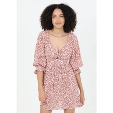 Angie Floral Mini Dress Womens 1X Brown Smocked Back Ruffle Cuff Cottagecore