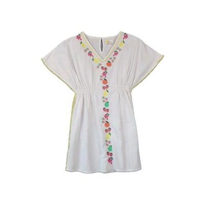 Boden Girls 11-12 White Fruit Embroidered Kaftan Dress Cover Up