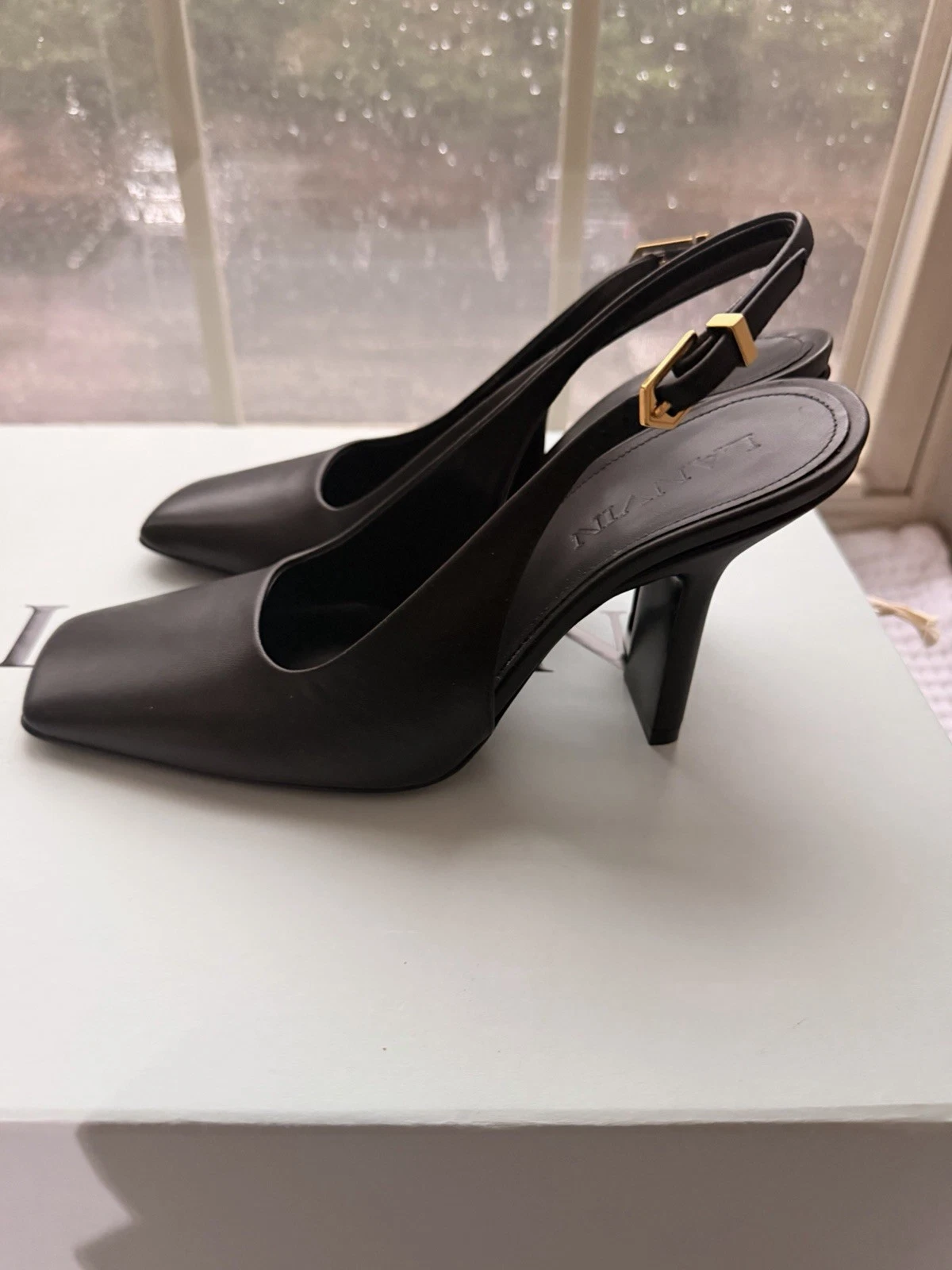 Lanvin — Lanvin Black Leather Slingback Heels Pumps Square Toe Size 35 US 5 NEW