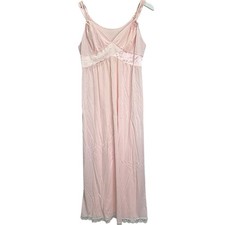 Vintage Shadowline Pink Maxi Nightgown Size M Strappy V Neck Lace Empire Waist