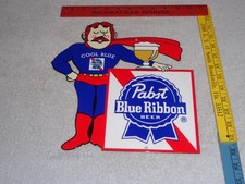 VINTAGE PABST BLUE RIBBON BEER MAN DIE-CUT 12" METAL ALCOHOL GASOLINE & OIL SIGN