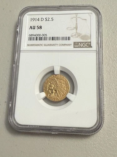 1914  AU58 NGC $2.5 INDIAN HEAD GOLD QUARTER EAGLE KEY DATE