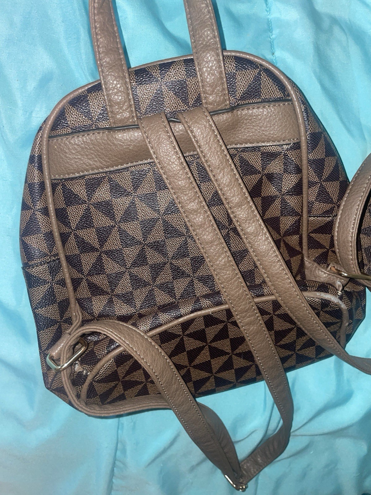 Brown Tan Geometric Pattern Matte Backpack with S… - image 2