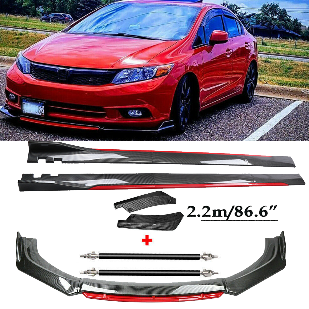 Front Lip Chin Bumper splitter Carbon Fiber Body Side Skirt For Honda Civic Si E