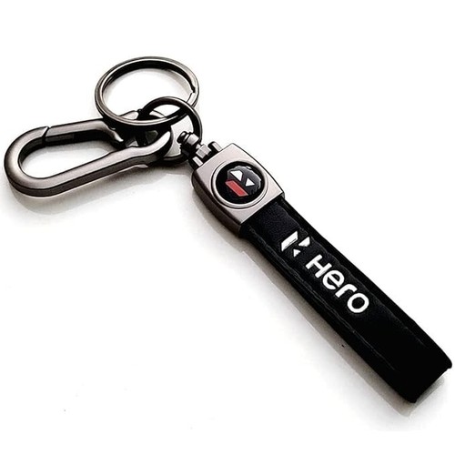 New HERO bike logo black leather hook keychain, Key Tag with Metal Ring.