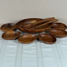Vtg Monkey Pod Wood Clam Shell Salad Serving Bowl Set Hawaiian Scallop Lot 9