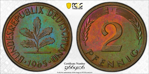 PCGS MS64 TRUEVIEW TONED BLUE GREEN PINK 1965 J Germany 2 Pfennig MONSTER TONING
