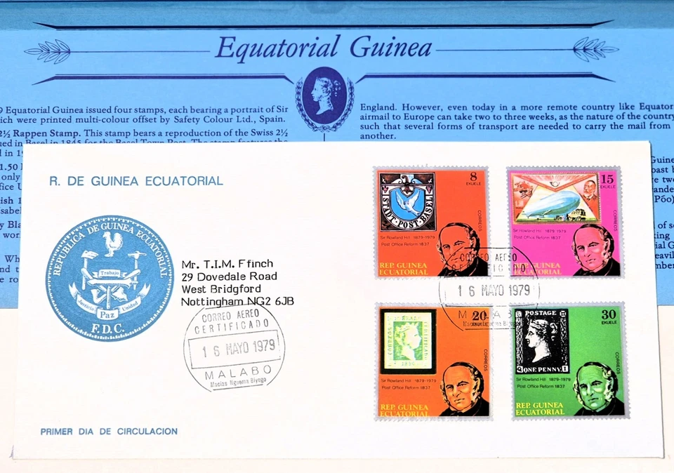 1979 Equatorial Guinea First Day Cover Commemorating Sir Rowland Hill plus Info. - Image 2 of 3
