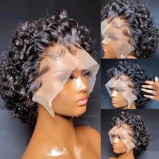 Black Short Pixie Cut Wig Short Curly Human Hair Wig Lace Front Wave Wigs Women