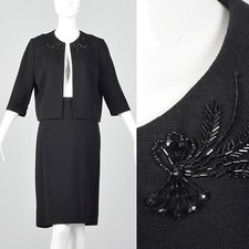 Small 1960s Two Piece Knit Set VTG Long Sleeve Beaded Open Jacket Pencil Skirt