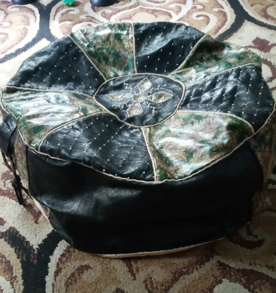New Handmade POUF Genuine Leather Pouffe Ottoman Footstool round floor pillow  - Image 4 of 4