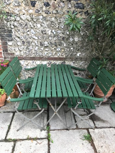 VINTAGE GARDEN TABLE + CHAIRS Folding Dining Set + Wooden Slats Metal 122 x 65cm