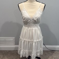 Ecowish White Lace V-Neck Ruffle Mini Short Dress with Semi-Open Back Medium