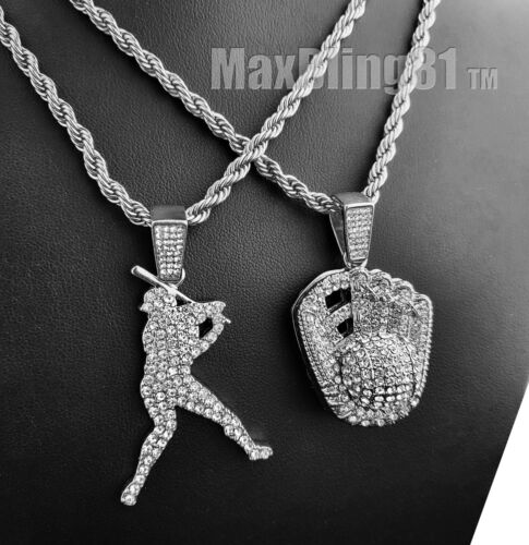 Baseball Hitter & Glove Cubic Zirconia Pendant 24" Rope Chain Hip Hop Necklace - Picture 11 of 12