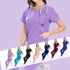 Stretch Jogger Nurse Uniform Scrub Set Women V-Neck Top Cargo Pant Medical Salon