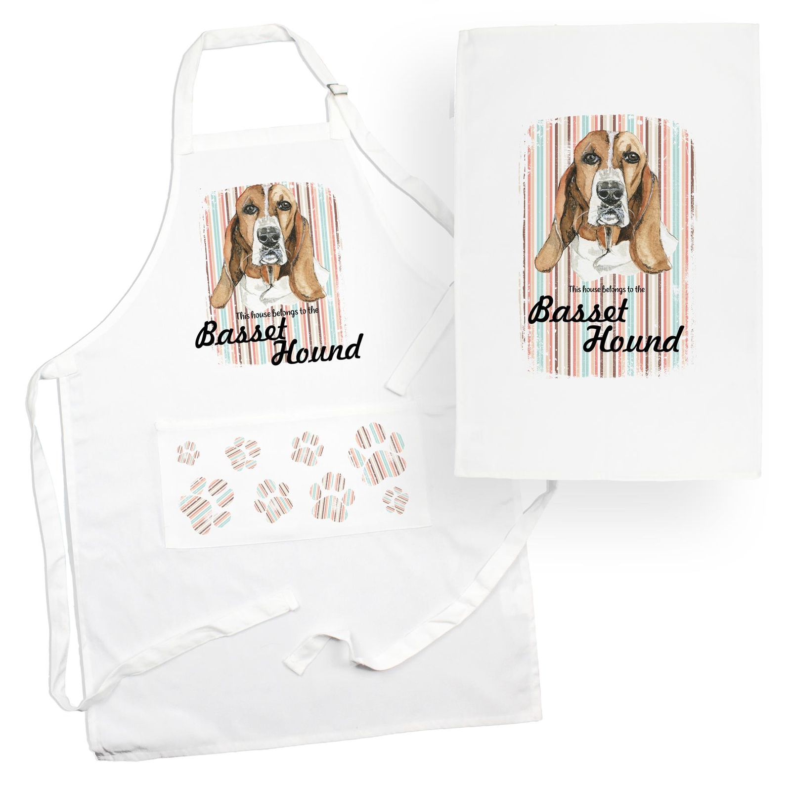 Basset Hound Tea Towel & Apron Set - Dogs & Paw Prints Kitchen Linens Gifts