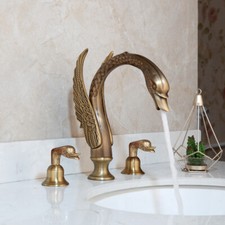 3pcs Bathroom Basin Sink Mixer Swan Faucet Antique Brass 3 Holes Deck Mount Tap