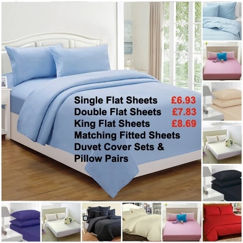Flat sheets Percale Plain Dyed Luxury Combed Poly Cotton Single Double King size