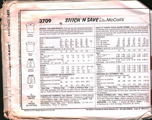 UNCUT Vintage McCalls Pattern Top Shorts 3709 6 8 10 SEWING - Picture 2 of 2