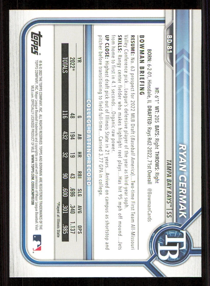 2022 Bowman Draft #BD81 Ryan Cermak - Image 2 of 2