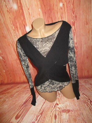 Promod Chiffon Ripp Mix Shirtpullover schwarz beige gemustert Grösse 34