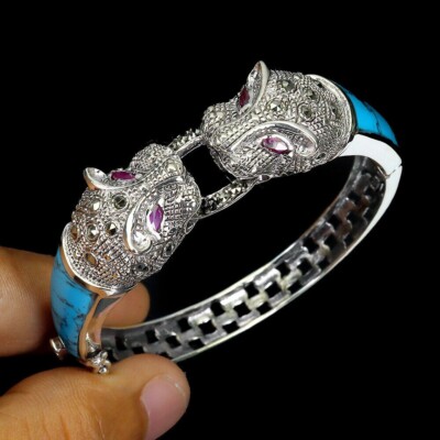 Silber Armreif Türkis Rubin Markasit natürliche Edelsteine massiv Sterling 6 1/8 Zoll