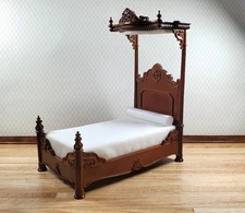 JBM Dollhouse Bed Large Victorian with Canopy 1:12 Scale Furniture Walnut Finish