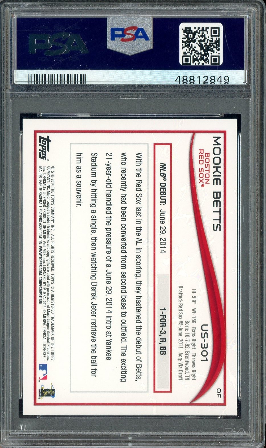 2014 Topps Update #US301 Mookie Betts Red Sox RC Rookie PSA 10 GEM MINT view 2