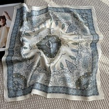 100 Pure Silk 21" Square Scarf Women Neckerchief Turban Wrap White Blue Paisley