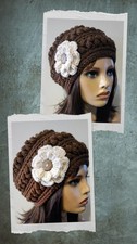 crochet handmade womans hat beanie aran dark almond brown puffs new