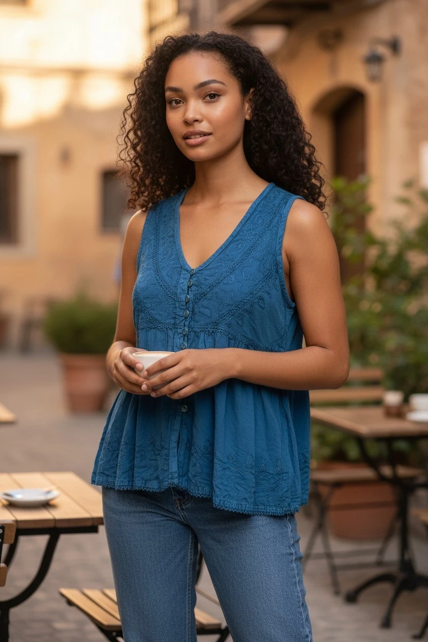 Fair Trade Gringo - Button Vest Top I311-TV3 Turquoise