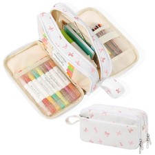 Large Capacity Cute Pencil Case, Aesthetic Pen Pouch, White with Pink Bow Pat...