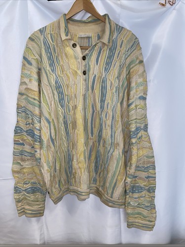 Polo vintage COOGI 3D maglia anni 90 hip hop crema/multicolore XL BIGGIE difettosa