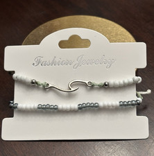 Adjustable Slide Beaded Bracelet, White Beads...
