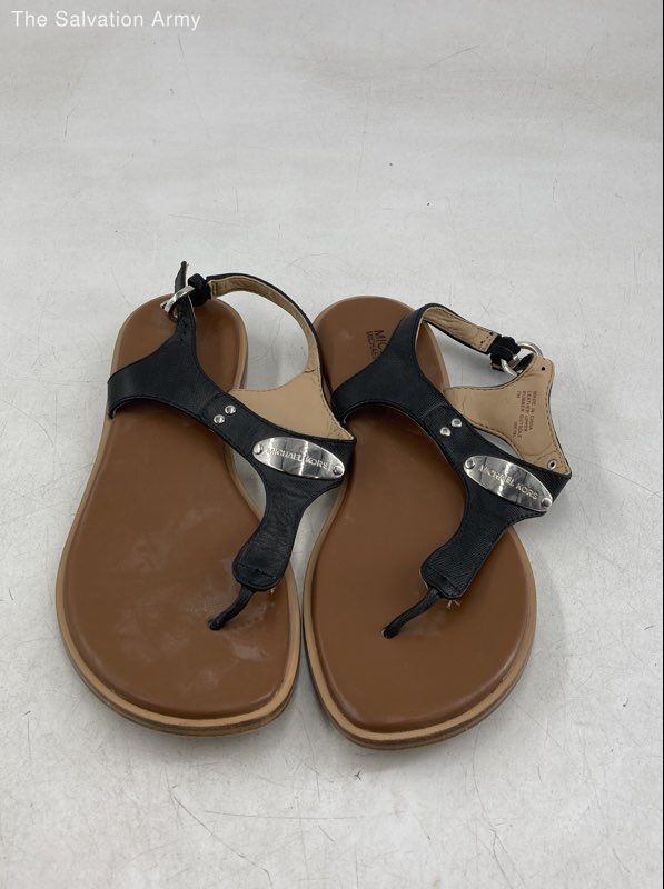 Michael Kors Womens MK Plate ME18L Black Leather Thong Sandals Size 7 M